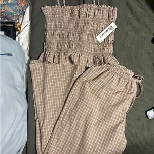 No Boundaries Beige Plaid Wide Leg Jumpsuit with Smocked Top